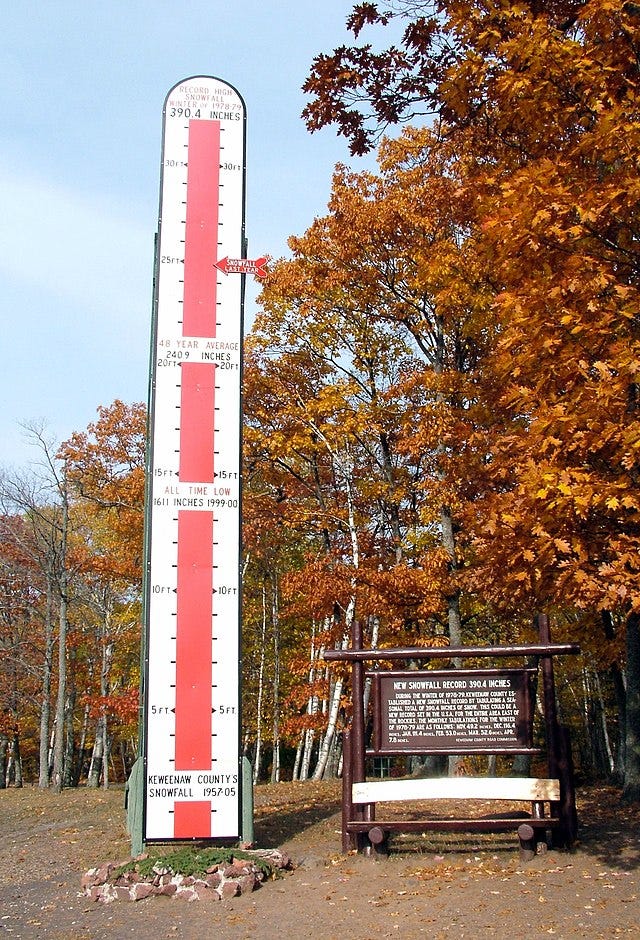 A tall, vertical outdoor snow gauge in the Keweenaw Peninsula during autumn. The gauge features markers showing record-breaking snow depths from previous winters against a backdrop of fall foliage