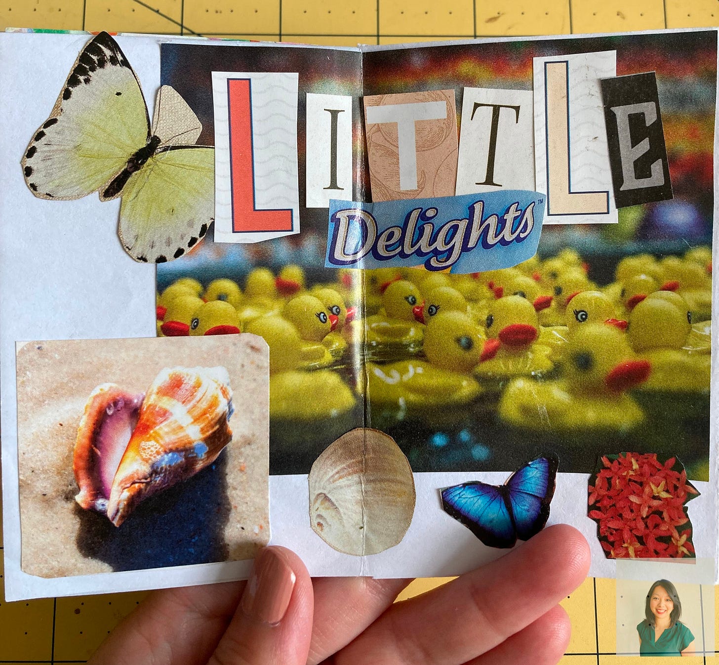 collaged mini-zine spread with magazine cut-outs of yellow rubber ducks, butterflies, shells, and tiny flowers collaged mini-zine spread with magazine cut-outs of yellow rubber ducks, butterflies, shells, and tiny flowers