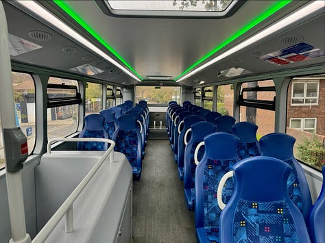 Photos showing upper deck of three bus operators with different seats and colour schemes.