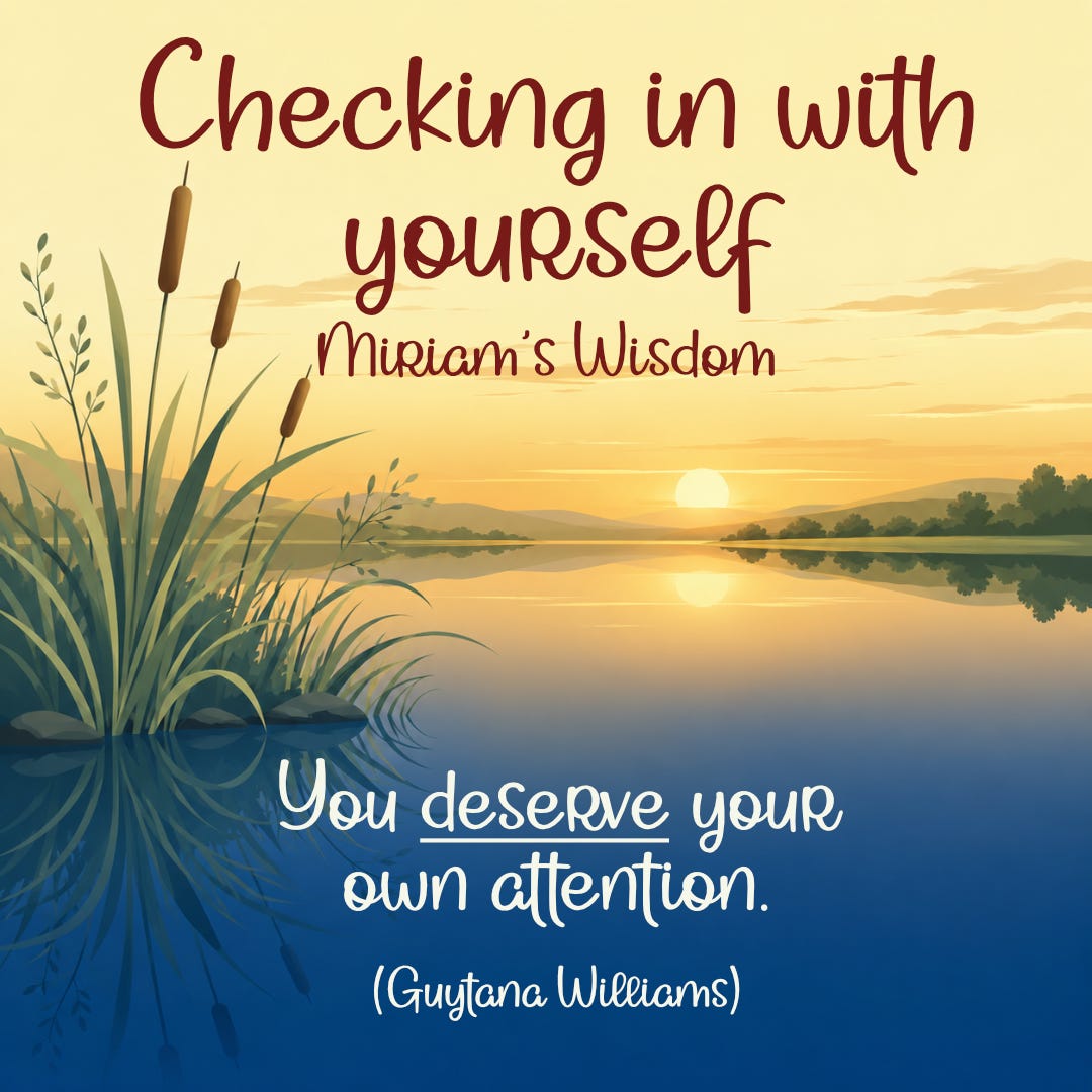 A twilit sky--is it sunrise or sunset?--over a blue, reflective river. Cattails and grasses are in the foreground. The text says Checking in with yourself, Miriam's Wisdom. "You deserve your own attention. Guytana Williams" A twilit sky--is it sunrise or sunset?--over a blue, reflective river. Cattails and grasses are in the foreground. The text says Checking in with yourself, Miriam's Wisdom. "You deserve your own attention. Guytana Williams"