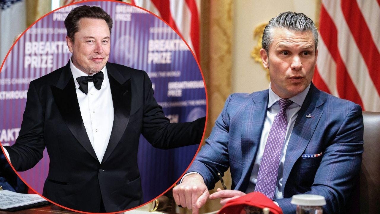 Split image of Elon Musk and Pete Hegseth