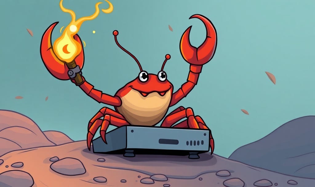 A cartoony lobster with a magic wand sitting on a mac mini. A cartoony lobster with a magic wand sitting on a mac mini.