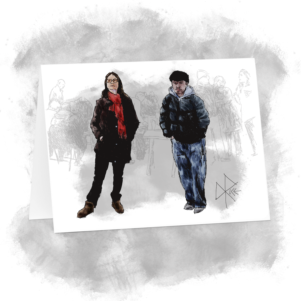Dressed in winter parkas and warming their bare hands by hiding them in pockets, two people stand and shuffle in silence while attending a gallery opening. Sketch art by Don Rice. Dressed in winter parkas and warming their bare hands by hiding them in pockets, two people stand and shuffle in silence while attending a gallery opening. Sketch art by Don Rice.