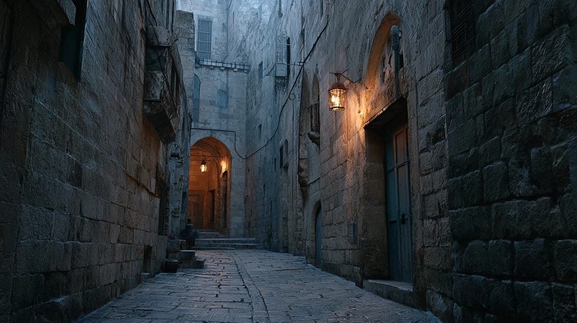 Empty stone street in ancient Jerusalem at night with a single lantern burning in a doorway casting light against dark stone walls.