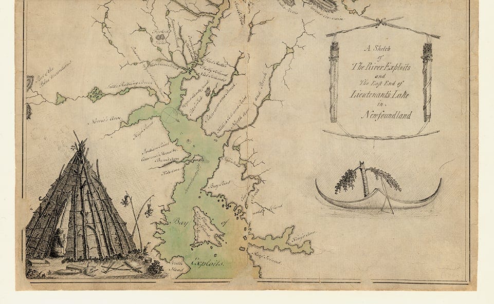 1768 map showing River Exploits flowing into Lieutenant's Lake, showing Beothuk mamateeks, deer fences and scarecrows. 1768 map showing River Exploits flowing into Lieutenant's Lake, showing Beothuk mamateeks, deer fences and scarecrows.