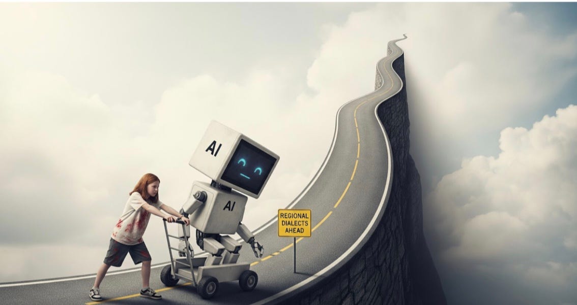 Teen girl pushing an AI robot off the road to digital tool heaven in frustration. Teen girl pushing an AI robot off the road to digital tool heaven in frustration.