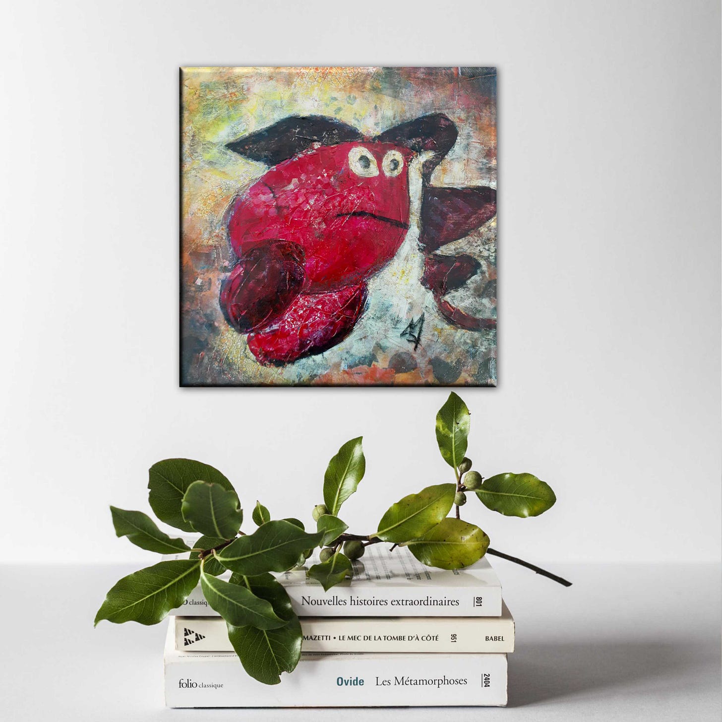 mixed media painting of a red creature with odd hair