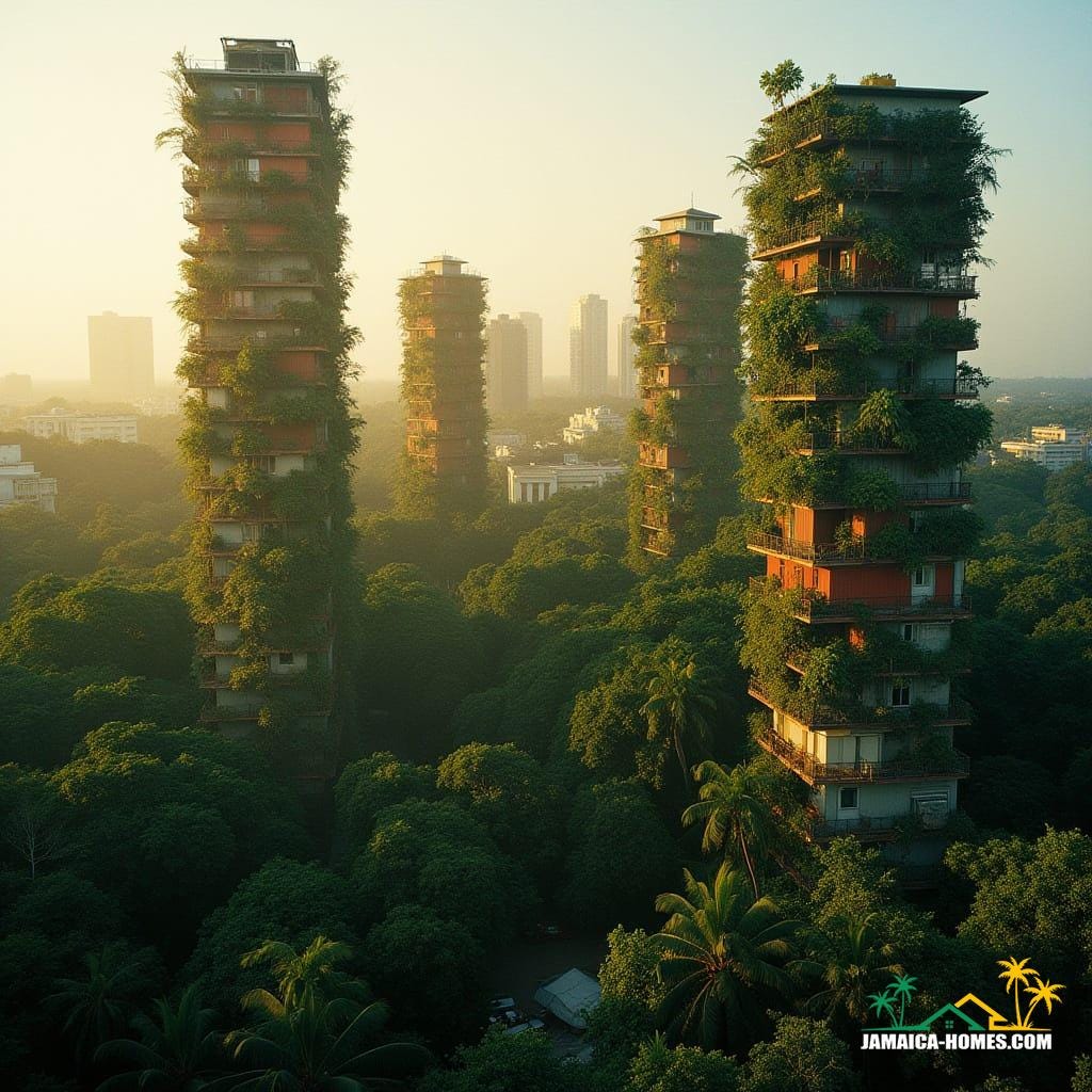  Kingston's skyline transformed into a lush living forest with biophilic skyscrapers, vines and tropical trees weaving through stacked container homes, in the vibrant Caribbean light of Jamaica, cinematic film still with a warm, golden hour glow, shot on 35mm film with a V-Raptor XL, incorporating subtle film grain, vignette, and meticulous color grading, evoking the dramatic, epic style of cinematographers like Emmanuel Lubezki, Roger Deakins, and Hoyte van Hoytema.