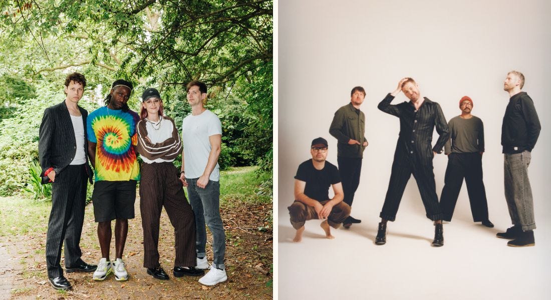 Two pictures - one of a group of four people stood in the woods, and a group of five men stood in a studio with a grey background