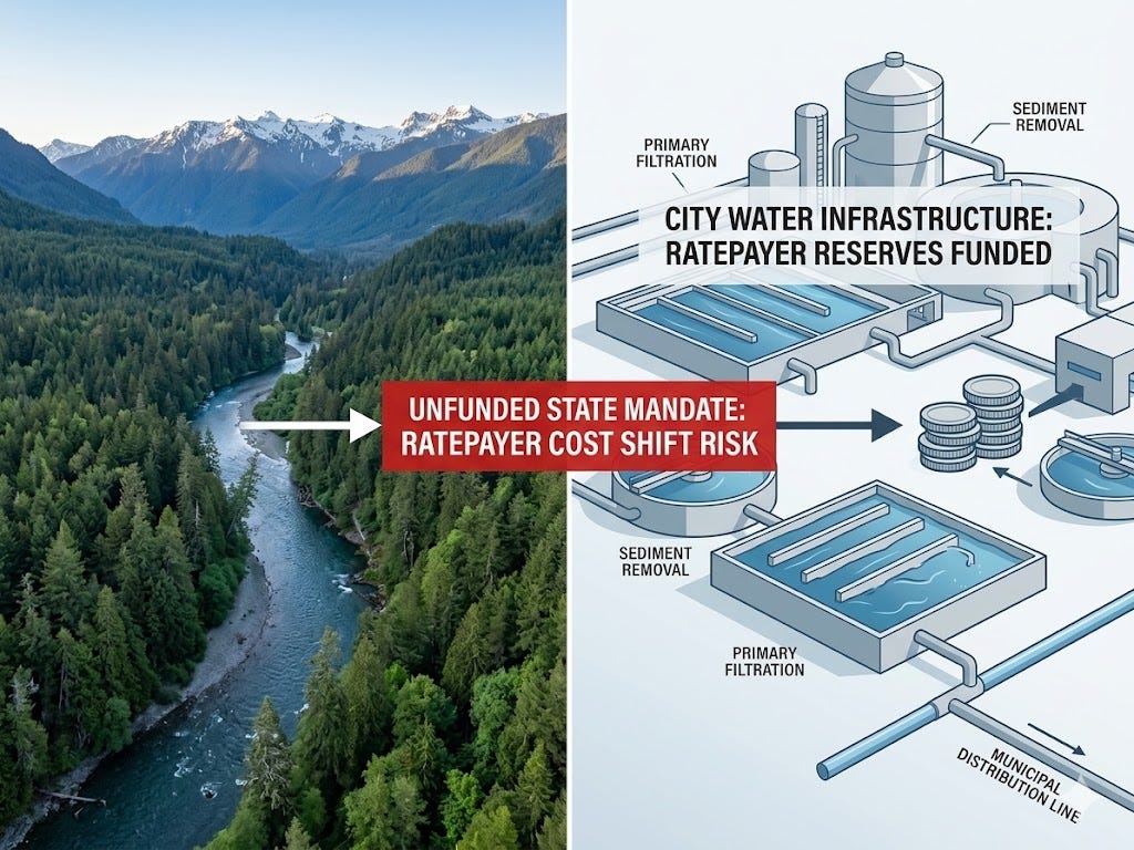 A conceptual, illustrative infographic presented as a split-screen panoramic. The left panel shows the winding Elwha River flowing through a pristine, forested watershed in the Olympic Mountains. The right panel shows a clean engineering diagram of a modern water treatment facility. A red graphic overlay spans the image, connecting the two panels and highlighting 'COST SHIFT RISK' and 'UNFUNDED STATE MANDATE.'