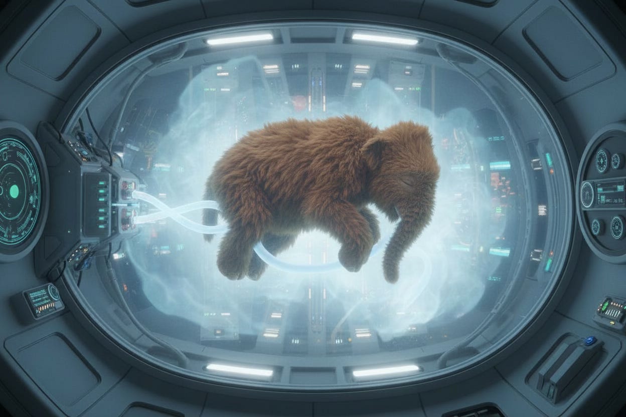 A fetal woolly mammoth in a stylized artificial womb representing ectogenesis A fetal woolly mammoth in a stylized artificial womb representing ectogenesis