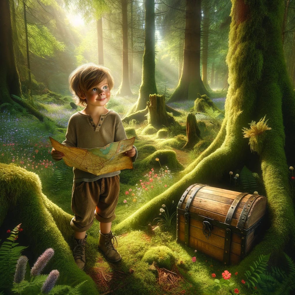 A realistic yet whimsical scene of a child on a treasure hunt in a serene and slightly enchanted forest. The child, around 8 years old, is holding a map, surrounded by tall, lush green trees and colorful wildflowers. The light is natural, with sunlight streaming through the trees, creating dappled shadows on the ground. A partially visible treasure chest, wooden and aged, peeks out from behind a mossy tree trunk. The child wears simple outdoor explorer clothes and has a curious and joyful expression. The overall mood is adventurous and grounded, with a touch of magic.