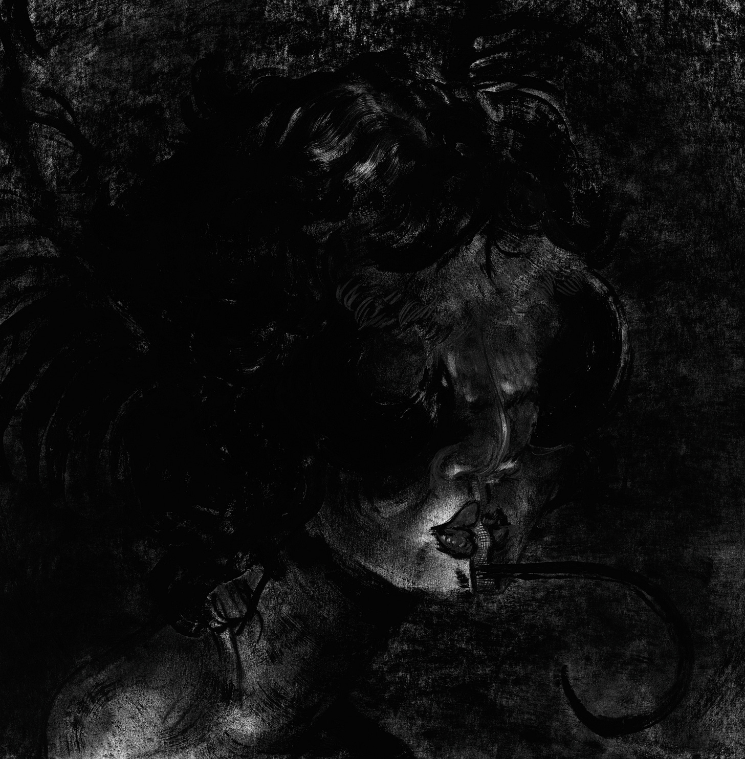 A mixed media, black and white illustration that’s very obscured in dark textures. Within the textures is the darkened face of a being halfway between moth and woman. A mixed media, black and white illustration that’s very obscured in dark textures. Within the textures is the darkened face of a being halfway between moth and woman.