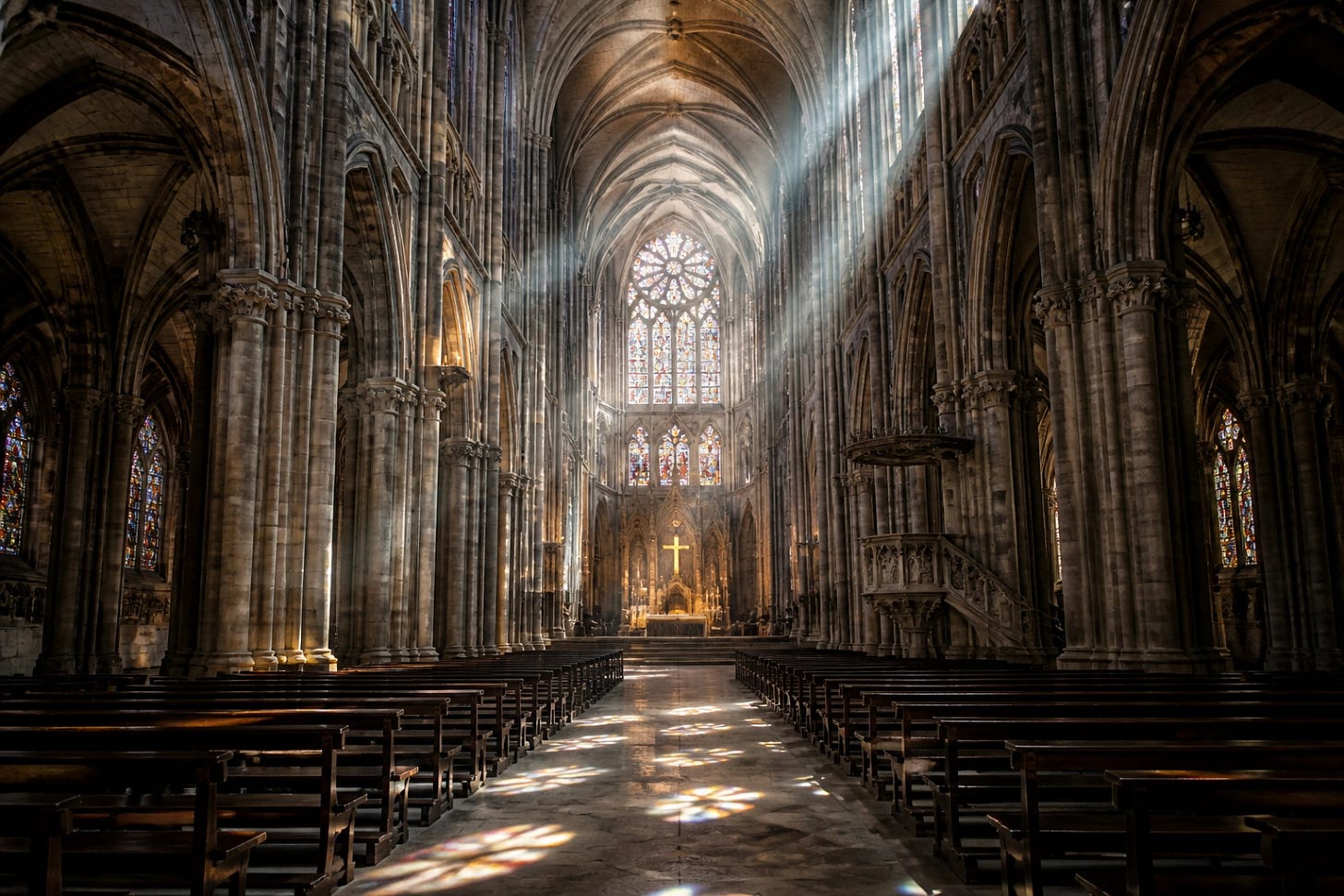Sunlight illuminating a Gothic cathedral nave, a symbol of the Christian identity and heritage of Europe | Dr. Marcus Peter Sunlight illuminating a Gothic cathedral nave, a symbol of the Christian identity and heritage of Europe | Dr. Marcus Peter