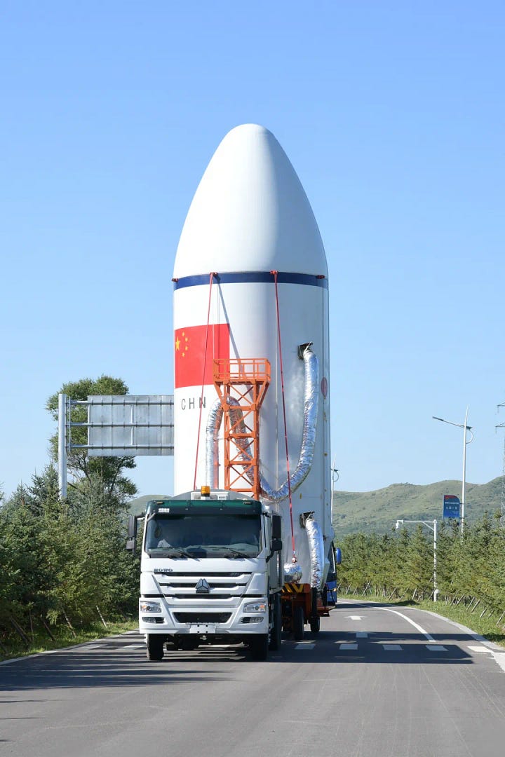The Long March 6A Y18 vehicle's fairing being transported to Launch Complex 9A ahead of its mission.