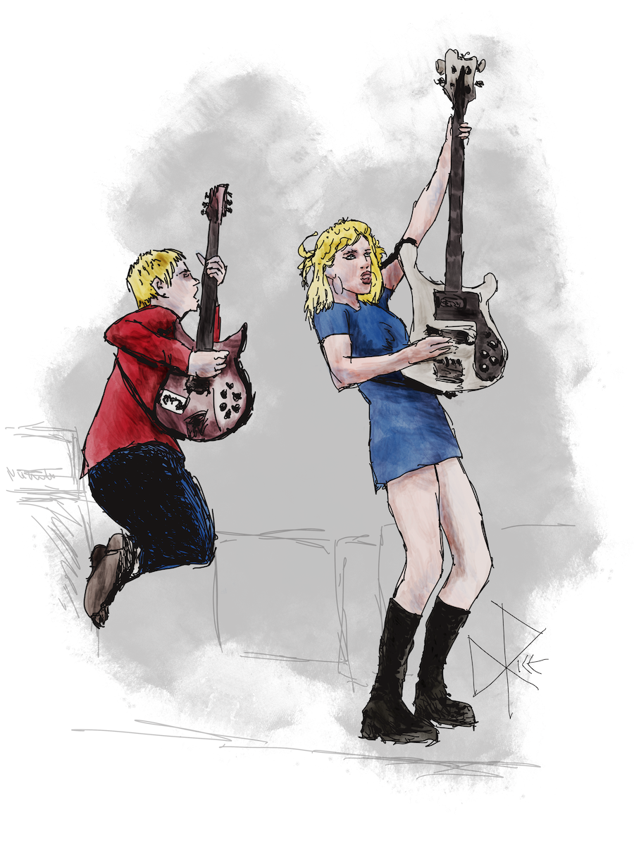 Playing on a stage as The Molotovs, Issey Cartlidge holds her bass guitar out vertically as her brother Matthew mirrors her pose but adds a leap into the air. Sketch art by Don Rice. Playing on a stage as The Molotovs, Issey Cartlidge holds her bass guitar out vertically as her brother Matthew mirrors her pose but adds a leap into the air. Sketch art by Don Rice.