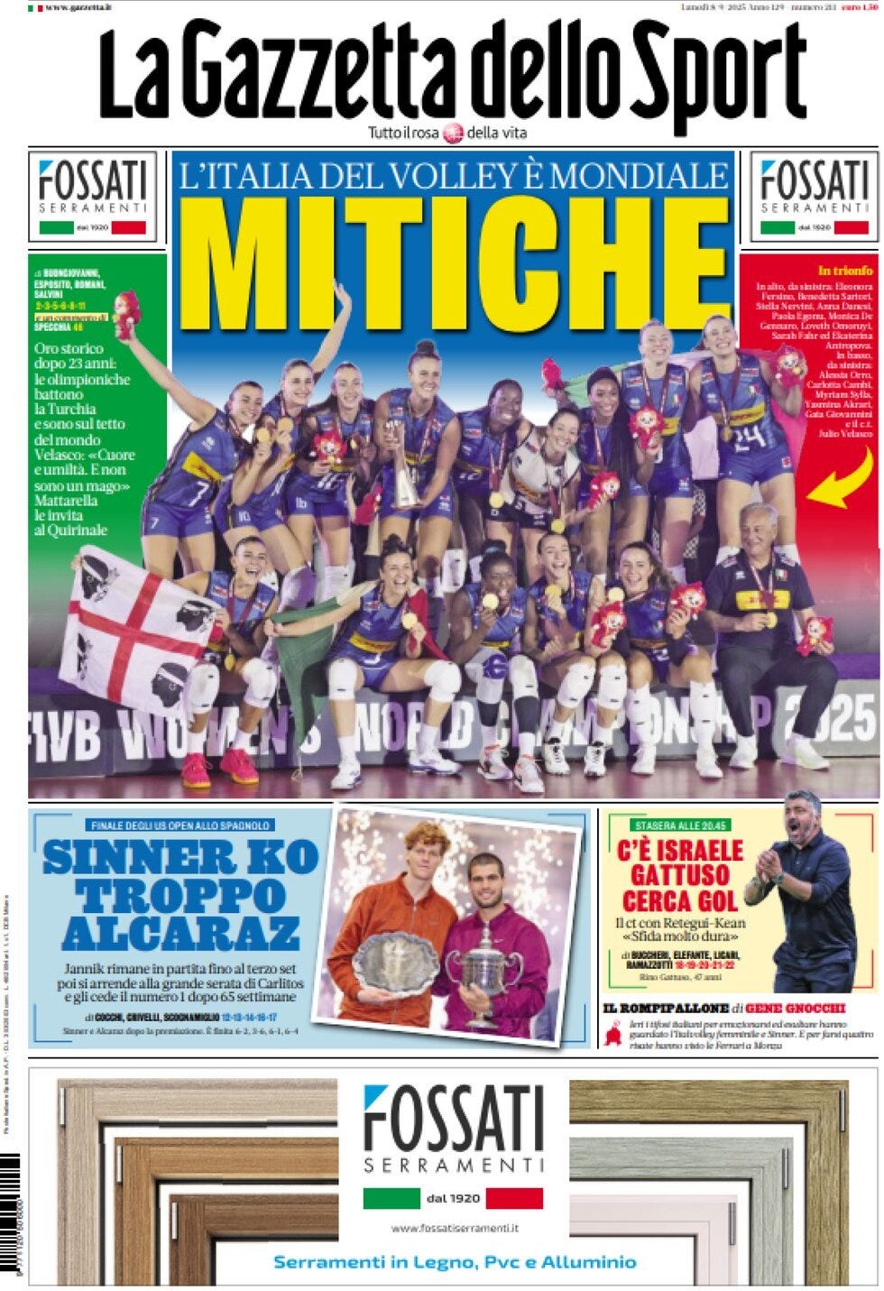 Prima Pagina La Gazzetta dello Sport 08/09/2025