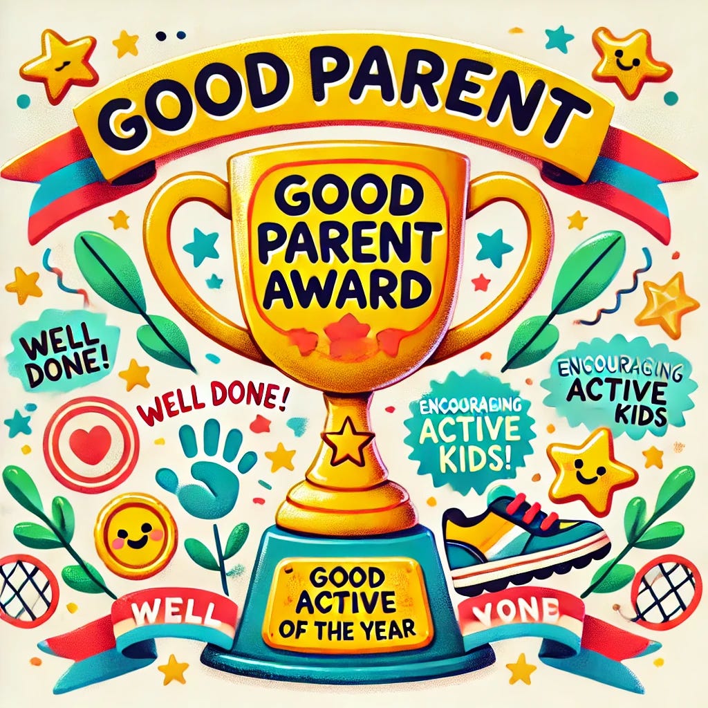 A cheerful and uplifting 'Good Parent Award' certificate or trophy illustration. The award is given for supporting an active child through their sports and growth journey. Include elements like playful ribbons, stars, and a big golden badge or trophy with text like 'Well Done!', 'Encouraging Active Kids', and 'Parent of the Year'. The overall style should be fun, colorful, and slightly humorous—like something a proud kid might present to their parent. Include a cartoon-style foot or running shoe as a nod to the child's activity.