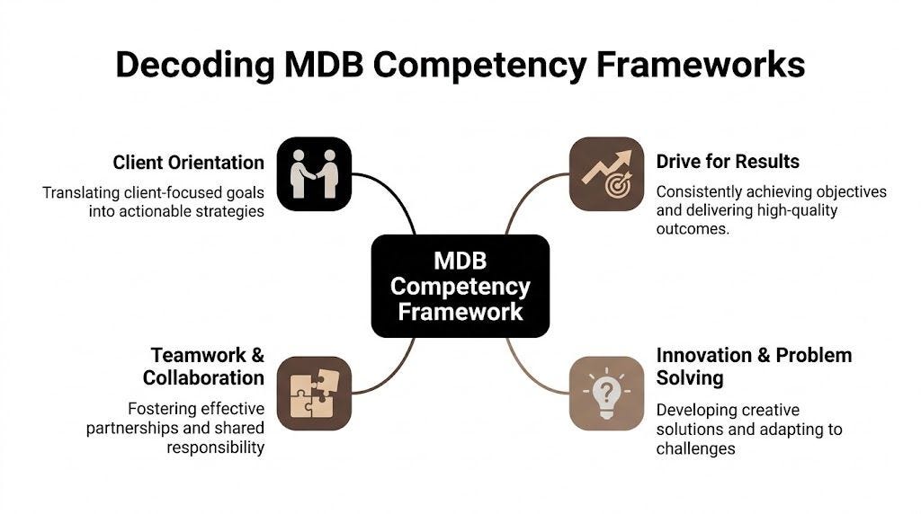 A diagram illustrating the four core components of the MDB competency framework for professional assessment.