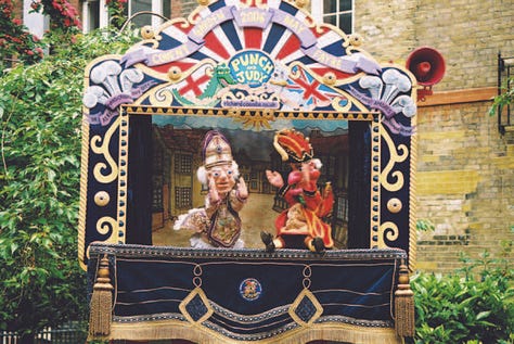 Three pictures, one of punch and Judy in a traditional P&J theatre, the second is a closer look at the puppets and the third is of the venue and the traditional puppets within the garden.