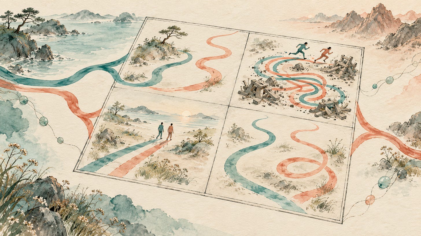 Watercolor game board with paths showing restraint and racing. Watercolor game board with paths showing restraint and racing.