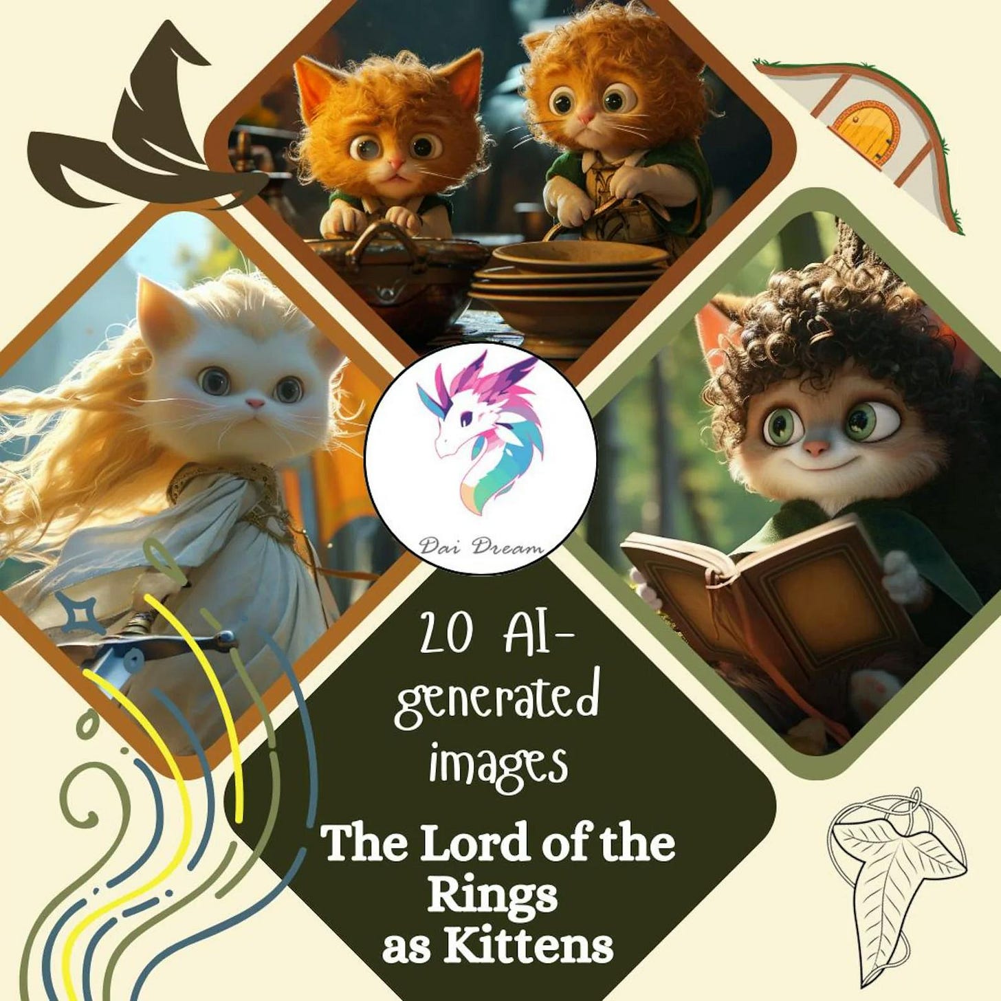 Four AI generated cats illustrate the catified Lord of the Rings' characters. The user Dai Dream bills the images as "20 AI-generated images. The Lord of the Rings as Kittens"