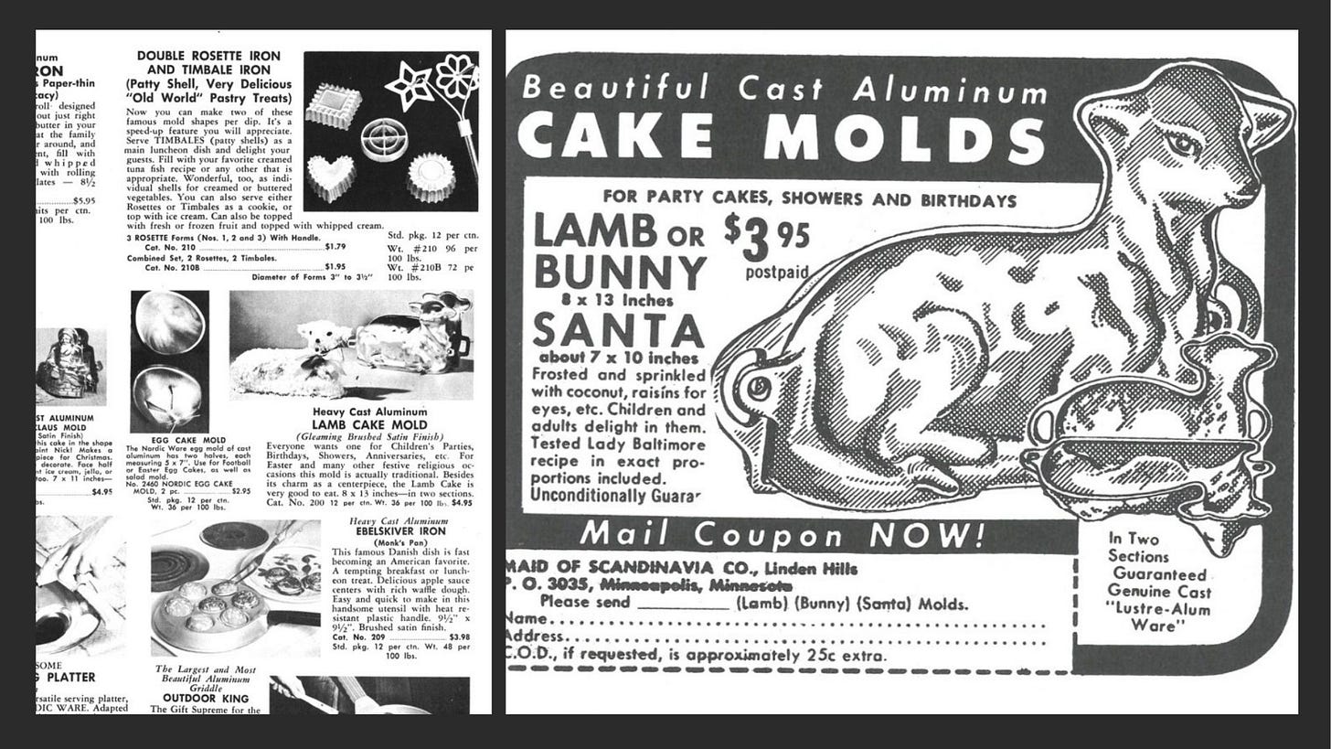 Collage image of vintage Nordic Ware catalog pages and coupons highlighting the lamb cake pan and other Nordic Ware products