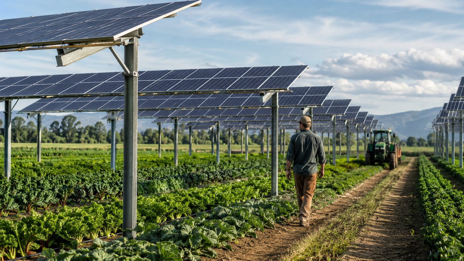 Photorealistic hero image of an agrivoltaic farm with elevated solar panels above vegetable crops, a farmer walking between crop rows, and a tractor in the background, showing solar generation integrated with active farming and machinery access. Photorealistic hero image of an agrivoltaic farm with elevated solar panels above vegetable crops, a farmer walking between crop rows, and a tractor in the background, showing solar generation integrated with active farming and machinery access.