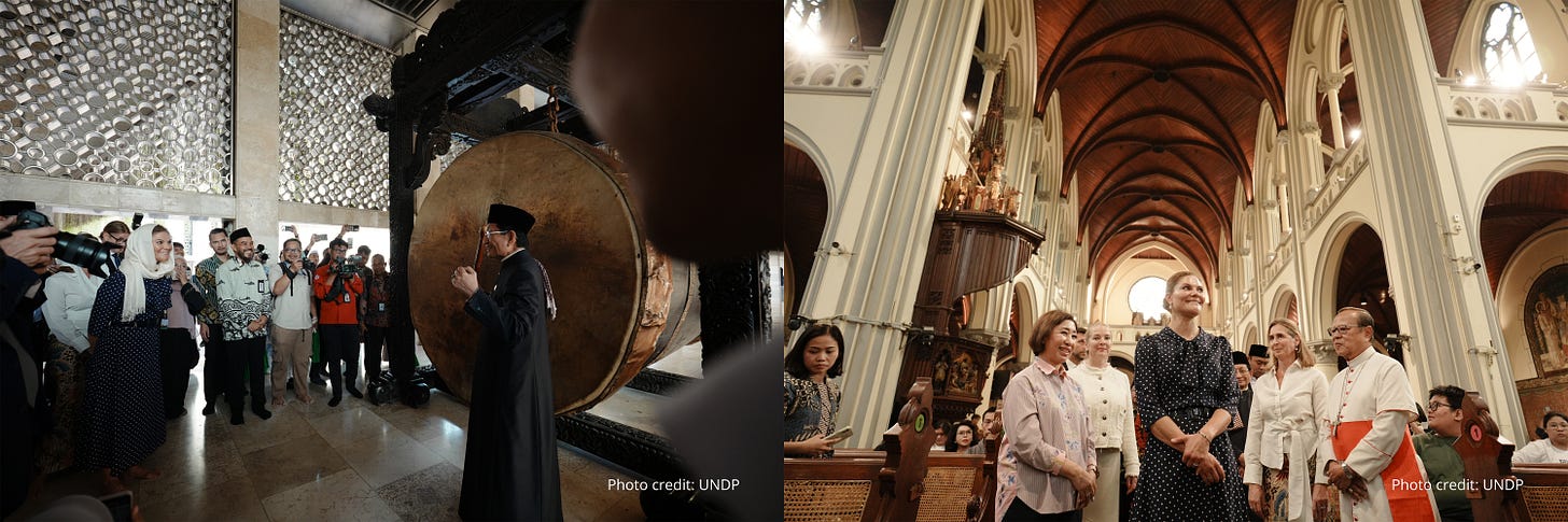 Indonesia’s Religious Affairs Minister Nasaruddin Umar explains one of the country’s largest bedug drums at Istiqlal Mosque. Jakarta Archbishop Cardinal Ignatius Suharyo also explains the Indonesian influence on Jakarta Cathedral’s design to Swedish Crown Princess Victoria