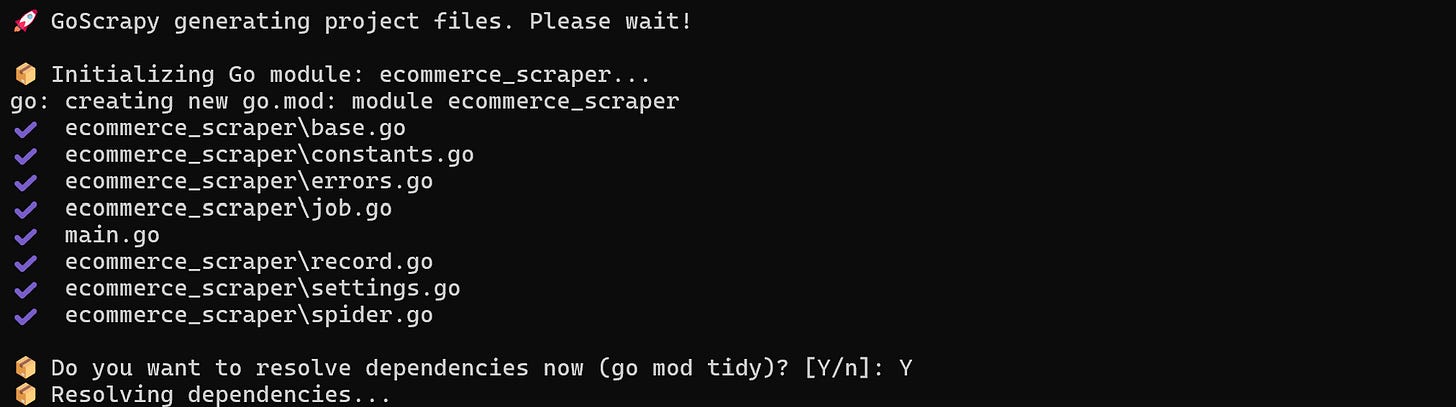 The output of the GoScrapy project generation command The output of the GoScrapy project generation command