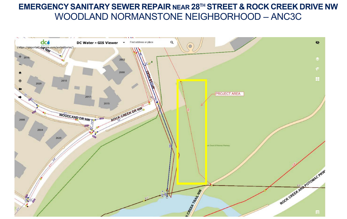 map showing emergency sanitary repair near 28th Street on Rock Creek Park land. 