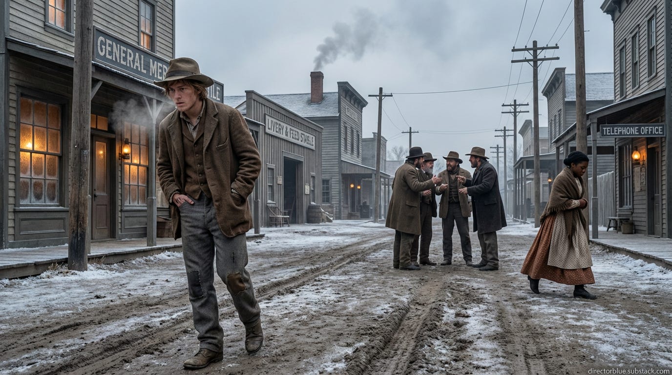 Photorealistic 16x9 photograph winter morning 1885 Austin Texas street scene Pecan Street at dawn frost-covered wooden boardwalk rutted unpaved dirt street frozen solid with visible horse manure and mud ruts Young white man 19 lean sandy bro_image_1