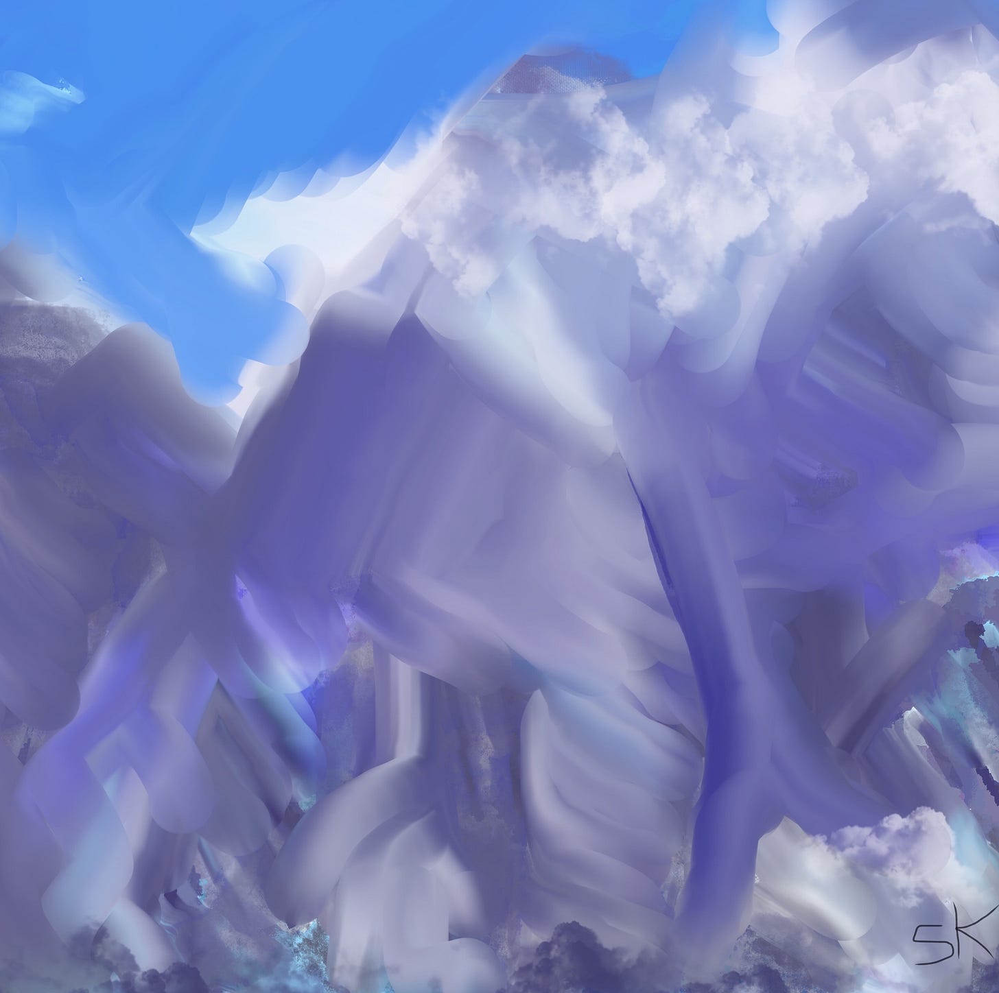 Abstract Digital purple mountains by Sherry Killam Arts, at close range against clear blue sky. Abstract Digital purple mountains by Sherry Killam Arts, at close range against clear blue sky.