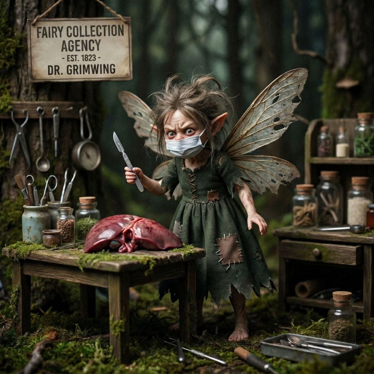 Horror fairy with scalpel standing next to a table with a liver on it. Horror fairy with scalpel standing next to a table with a liver on it.