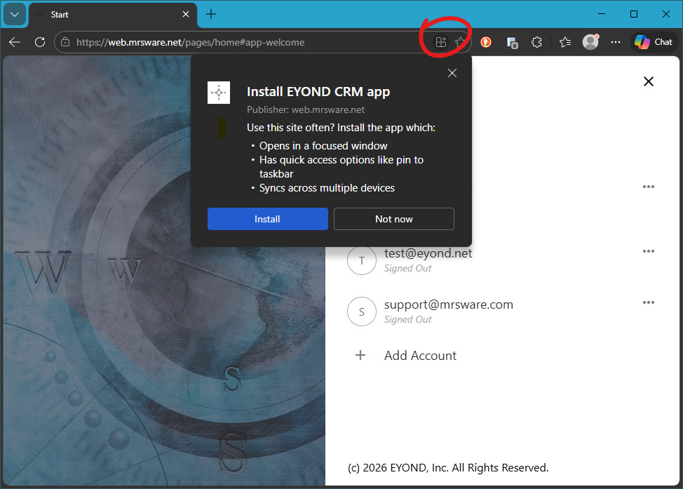 Install EYOND CRM app pop-up browser notification image