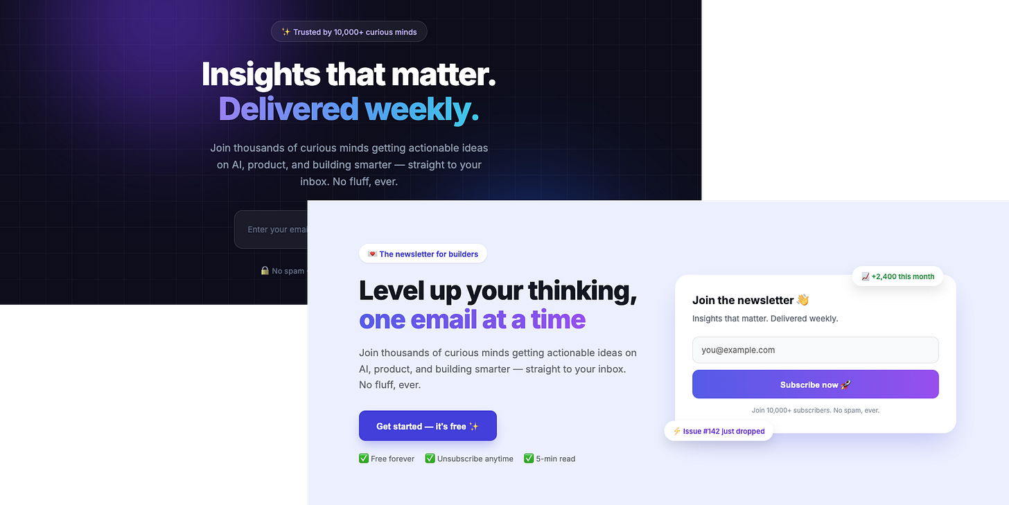 Side-by-side comparison of two AI-ish newsletter landing page designs showing the recognizable default aesthetic of AI-generated websites. The first uses a dark navy grid background, purple glow, centered oversized headline, blue-to-purple gradient text, trust badge, email field and generic “Insights that matter. Delivered weekly.” copy. The second uses a pale lavender background, bold centered headline, purple gradient typography and button, a large rounded white subscription card, pill-shaped badges, emojis, check-mark benefits and soft shadows. Both examples demonstrate common AI website design patterns: indigo and purple gradients, oversized sans-serif headlines, rounded cards, badge pills, generic newsletter copy, emoji interface elements and highly polished but interchangeable layouts.