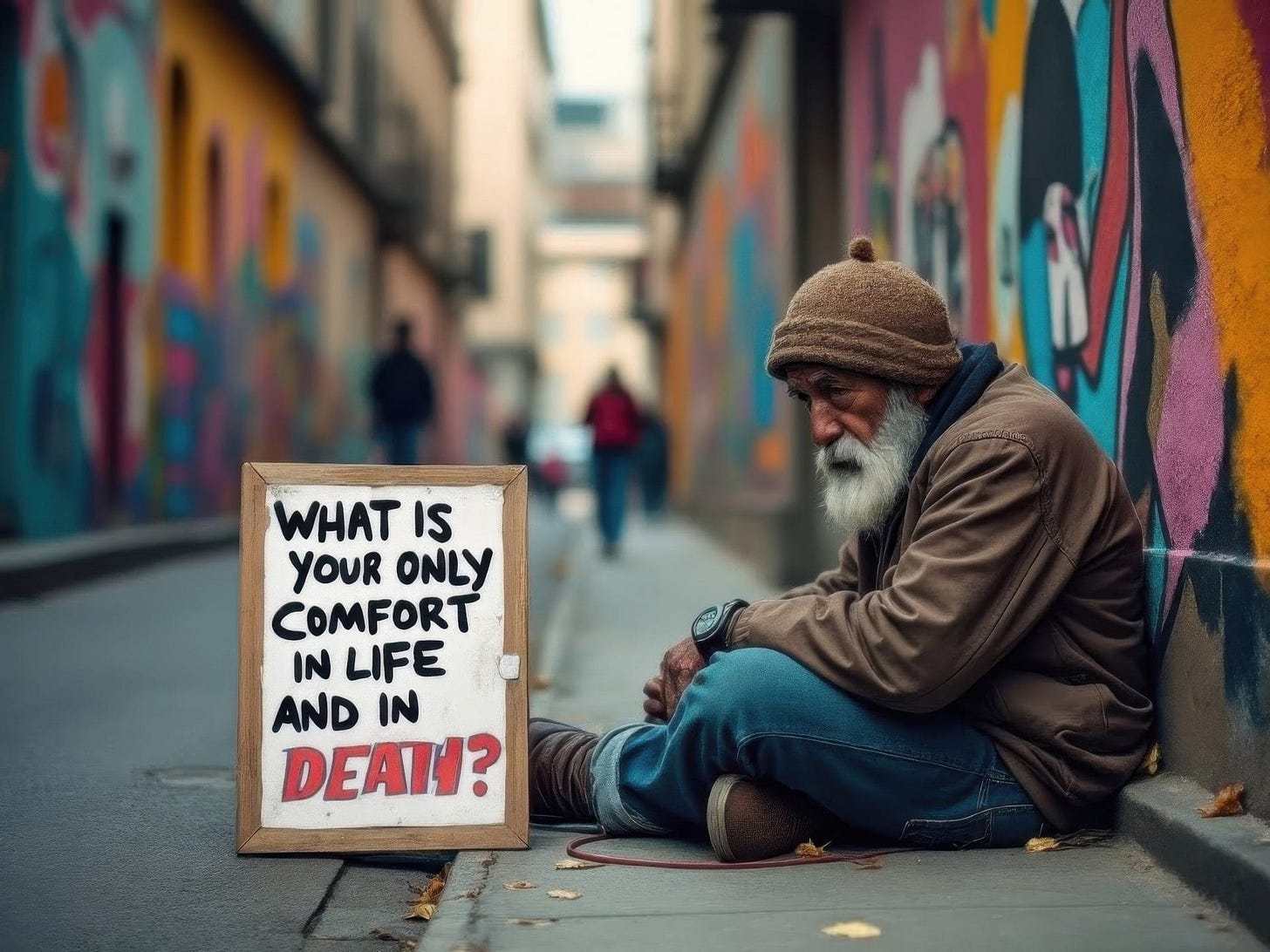 An elderly man sitting in an alley, near his sign. Colorful graffiti is covering the walls. 
