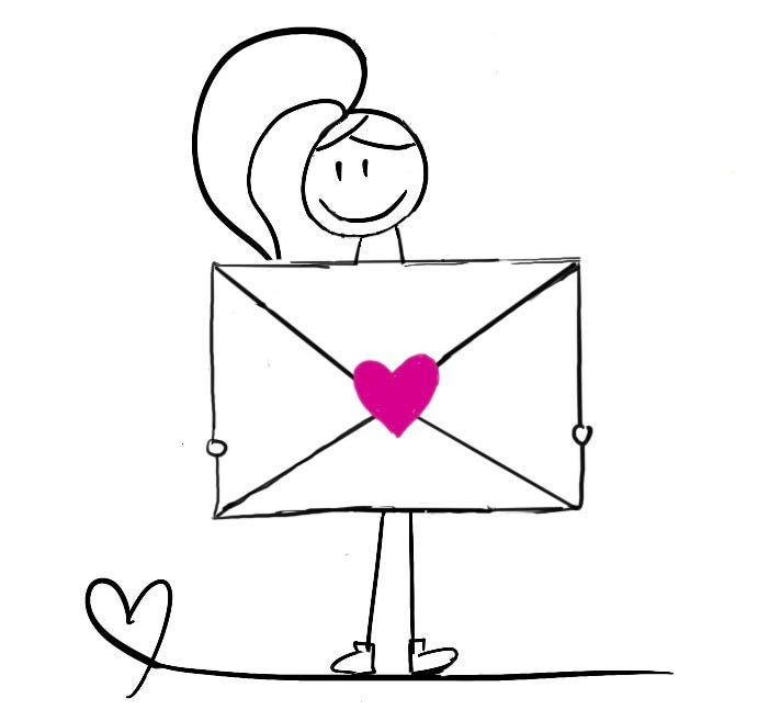 Disability Writer stick figure Lilly is holding an envelope with a heart on it.