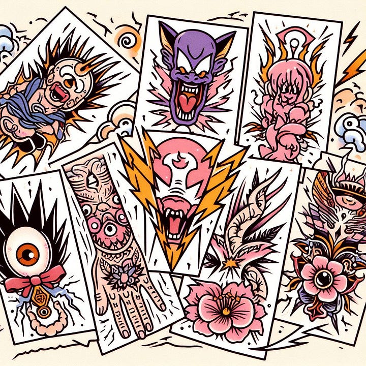 create image of flash paper with anime style tattoos