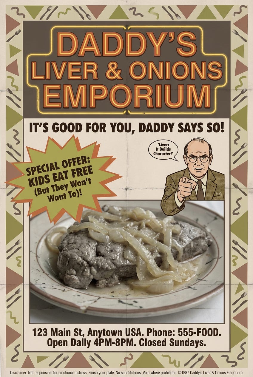 Create a detailed authentic-looking 1980s magazine print advertisement for a fake restaurant called Daddys Liver  Onions EmporiumVISUAL STYLE Classic 80s magazine ad aesthetic with bright colors geometric shapes bold typography and retro des_image_1