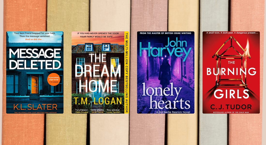 Four book covers on a background with red, green, beige, purple, and blue book spines