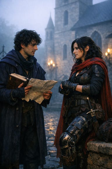 Felonious and Ezmerelda talking in the courtyard of St. Andral's Church at dawn as they prepare for a journey — Felonious with ink-dark curls and midnight-violet scholar’s coat, holding a map and spellbook; Ezmerelda with dark hair, crimson cloak, and prosthetic leg adjusting her gear beside him. The courtyard is misty, cobblestones glistening with dew, and the church towers loom behind them in pale morning light. Their expressions are focused, determined, and quietly human.