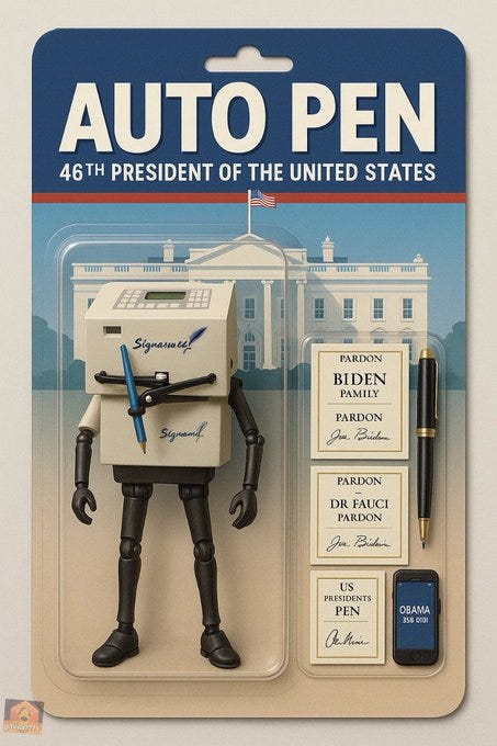 A toy robot with a calculator-like body, black limbs, and a pencil arm, labeled "Auto Pen" and "Signature." The robot stands on a blister pack card with a White House background. The card includes text reading "46th President of the United States" and "Joe Biden." Additional items on the card include a "Pardon" document, a pen, and a US Obama phone. A small watermark from X is visible in the corner.