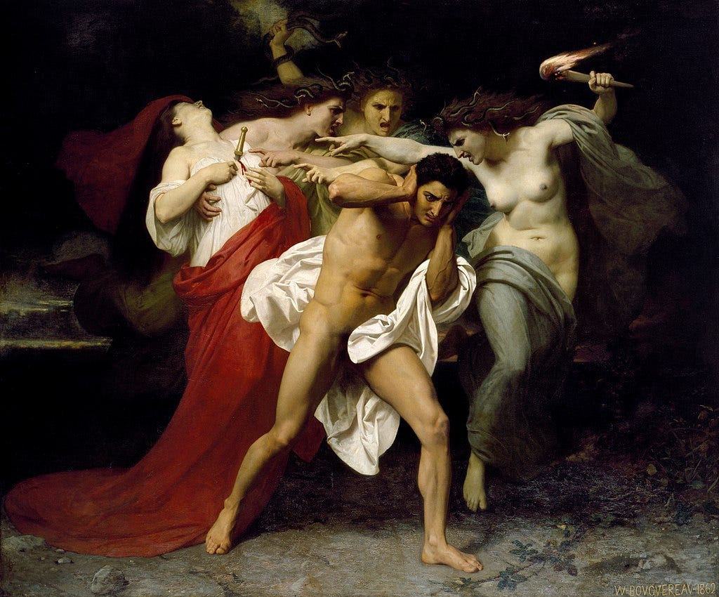 Orestes pursued by the Furies, by William-Adolphe Bouguereau, 1862 Orestes pursued by the Furies, by William-Adolphe Bouguereau, 1862