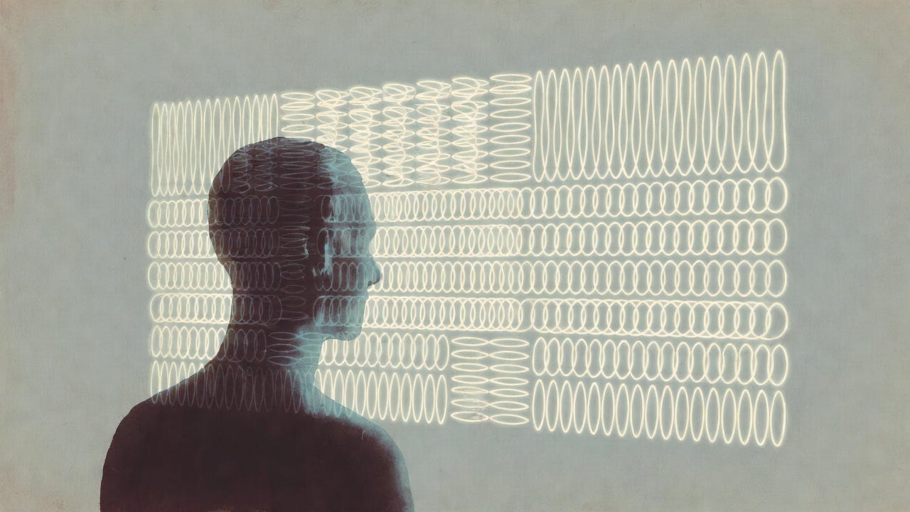 An abstract illustration of a human figure in profile standing before a field of softly glowing, repeating looped patterns. The patterns are uniform and stable, suggesting continuity and predictability rather than intelligence or emotion. The scene is muted and minimal, emphasizing human presence within a stable patterned environment.
