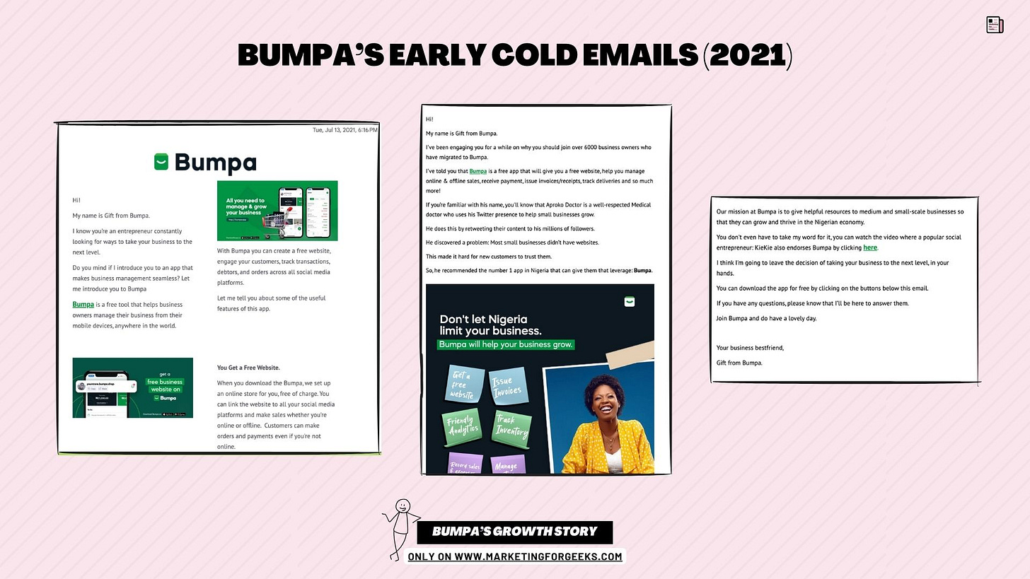 A collage titled 'Bumpa's Early Cold Emails (2021)' displays three email screenshots on a pink striped background. The emails detail marketing strategies for a business service called Bumpa, featuring green and white branding. A cheerful person in a yellow jacket is shown alongside phrases like 'Don't let Nigeria limit your business.' The bottom text emphasizes the source, Marketing for Geeks, with a cartoon character pointing to it. 