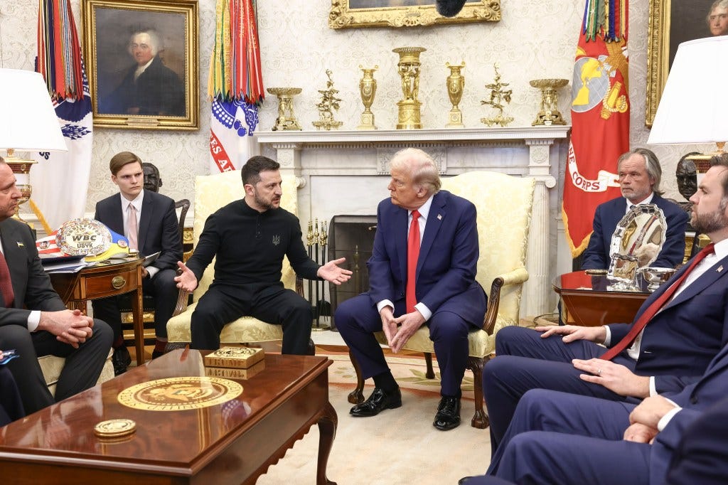US President Donald Trump meeting with Ukrainian President Volodymyr Zelensky in the Oval Office of the White House on February 28, 2025