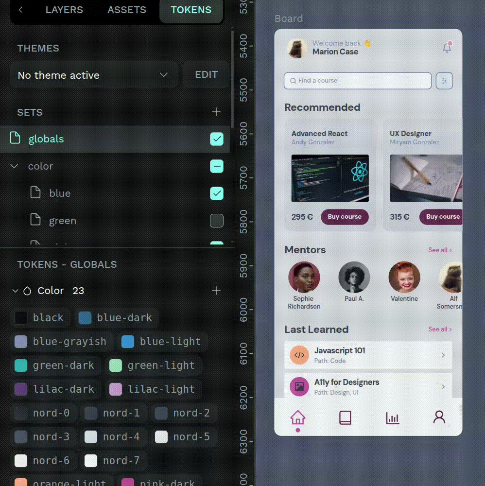 A list of design tokens created in the Penpot app