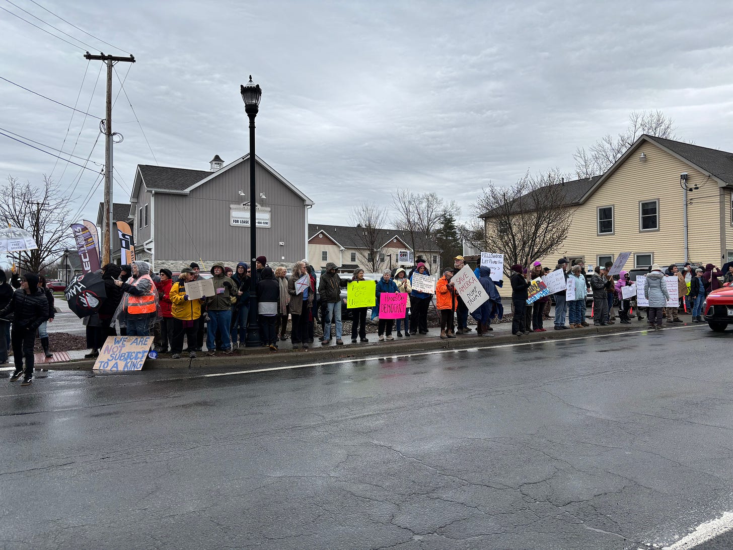 Hands Off! demonstration in Gardiner with signs including "We are not subject to a king" and "Save America Dump Trump".