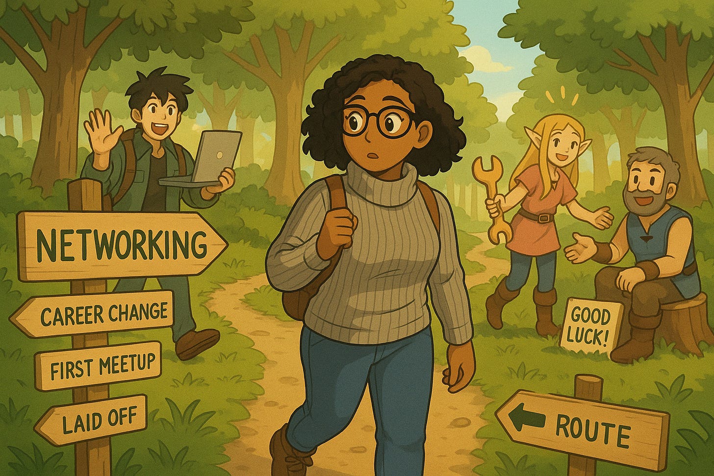 A developer walking a forest path with signposts like “Networking,” “First Meetup,” and “Career Change,” as other characters encourage her.